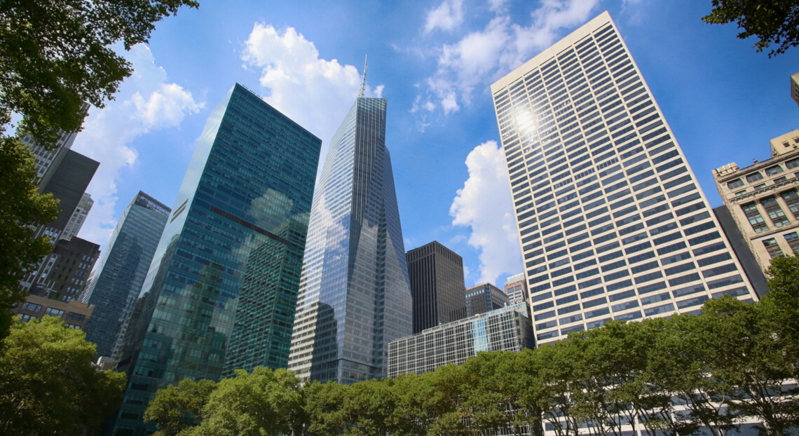 "Scenic Bryant Park in Midtown Manhattan featuring LEED-certified Bank of America Tower.