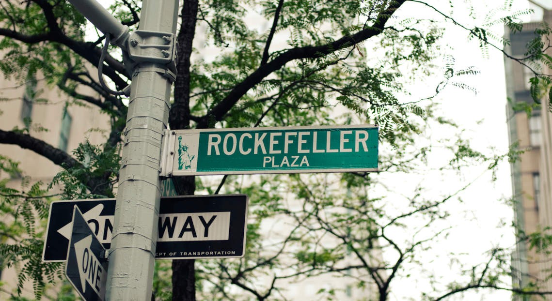 Rockefeller Plaza street sign in Midtown Manhattan.
