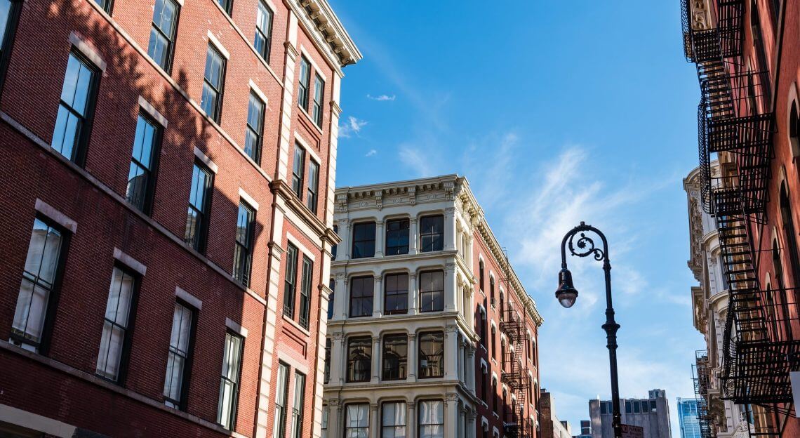 Typical buildings in Soho Cast Iron historic District in New York City. Greene Street