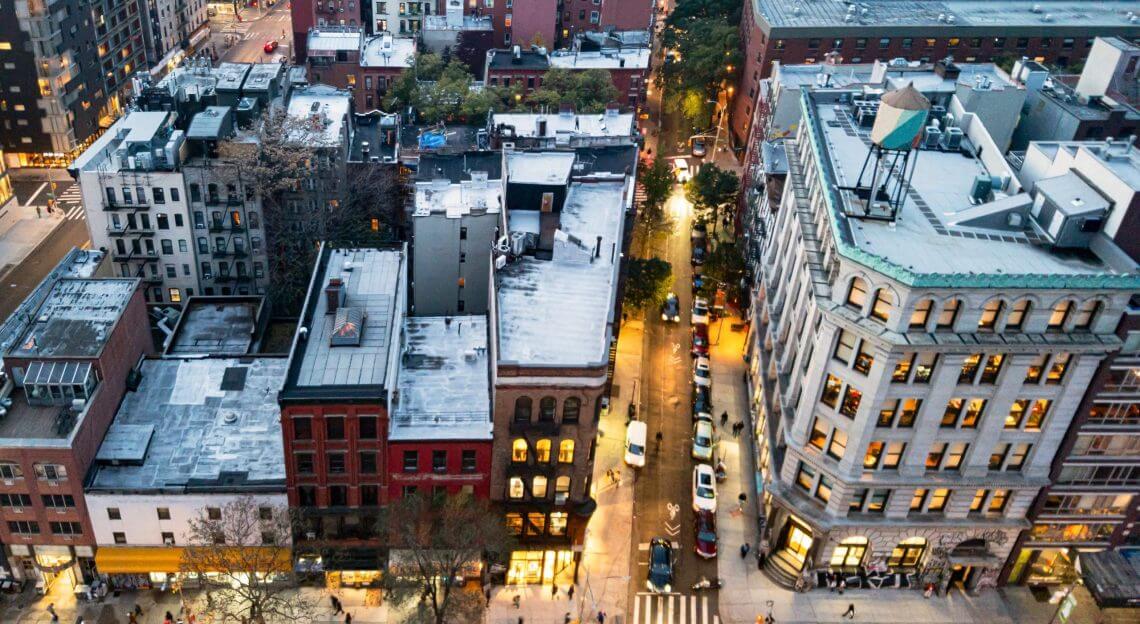 Overhead view of busy SoHo streets in Manhattan, New York City
