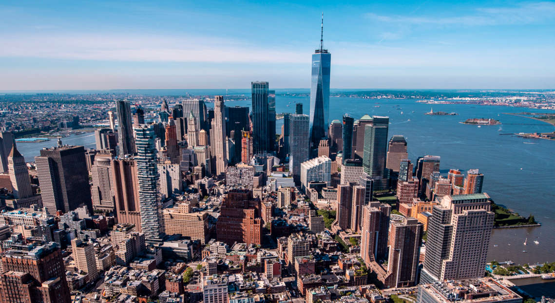 NYC skyline captured by drone, enhancing CRE opportunities.