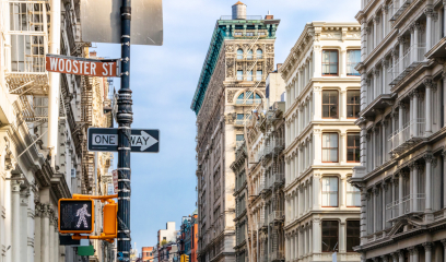 SoHo's Architectural Charm: Historic NYC Office Buildings on Broome and Wooster Streets.