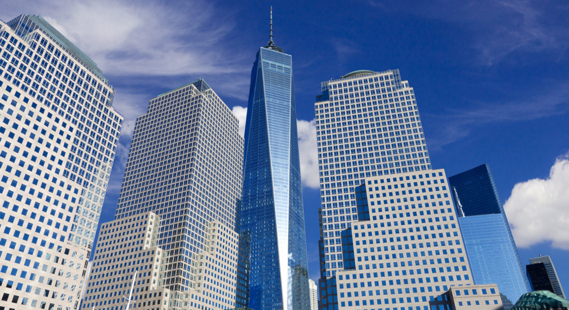 World Trade Center and Financial Center from North Cove Marina, prime NYC commercial real estate.