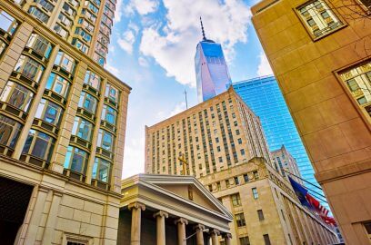 FiDi's Diverse Skyline: Church, Residential & Corporate Buildings in Manhattan.