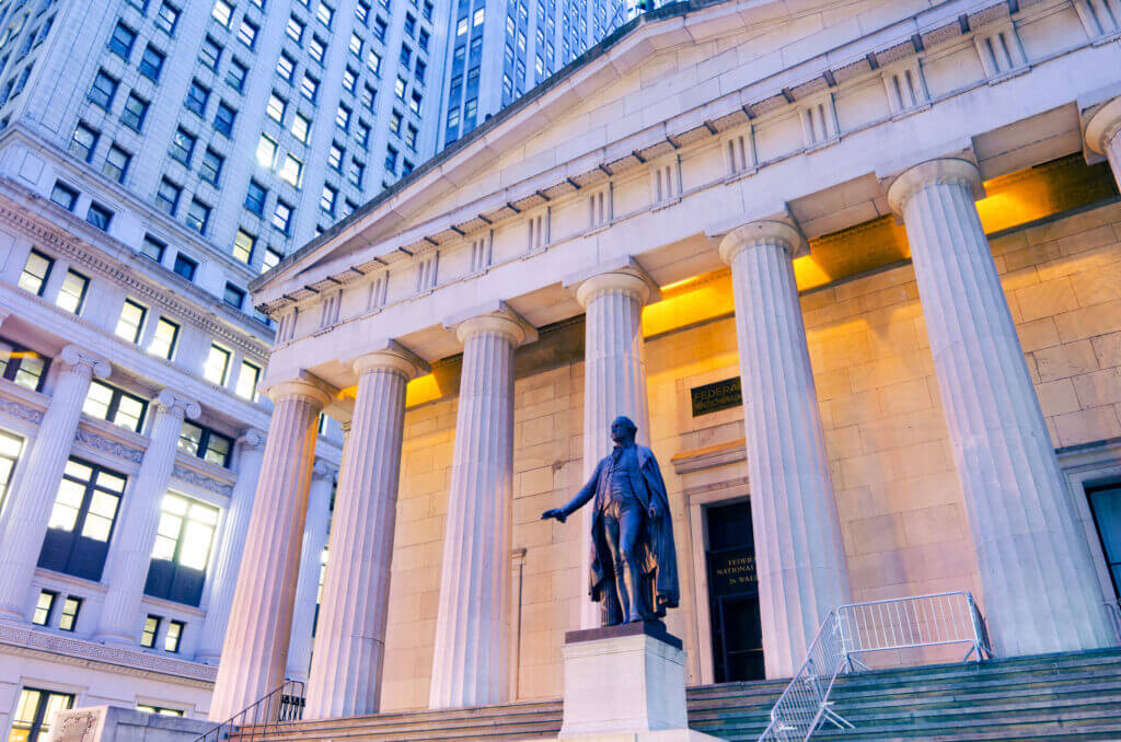 George Washington statue at Federal Hall, NYC by J.Q.A. Ward, completed in 1882.