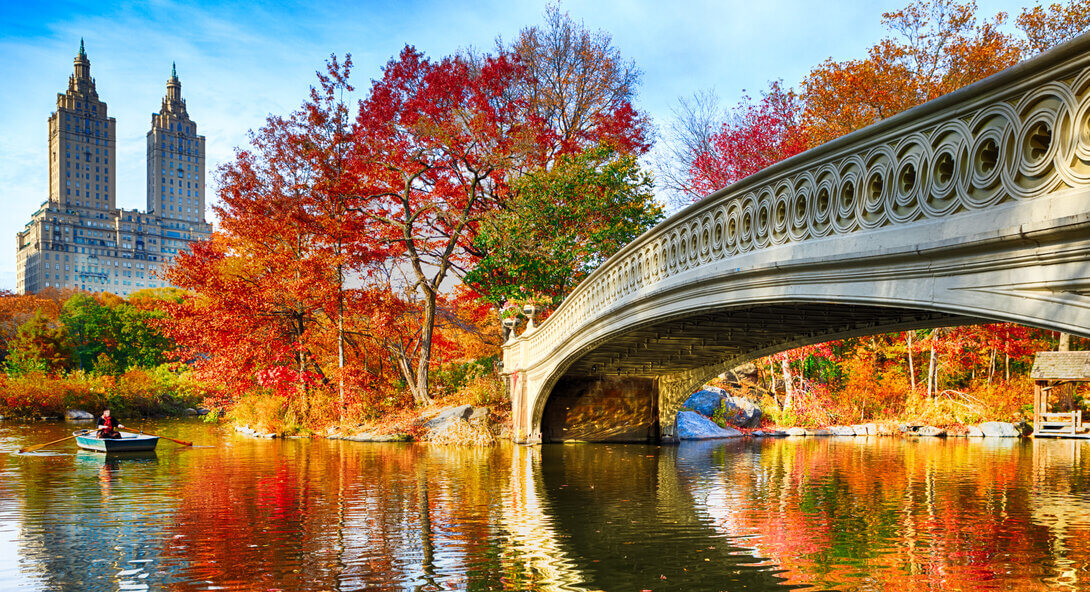 Bow Bridge and San Remo at Autumn in Central Park, Uptown Manhattan