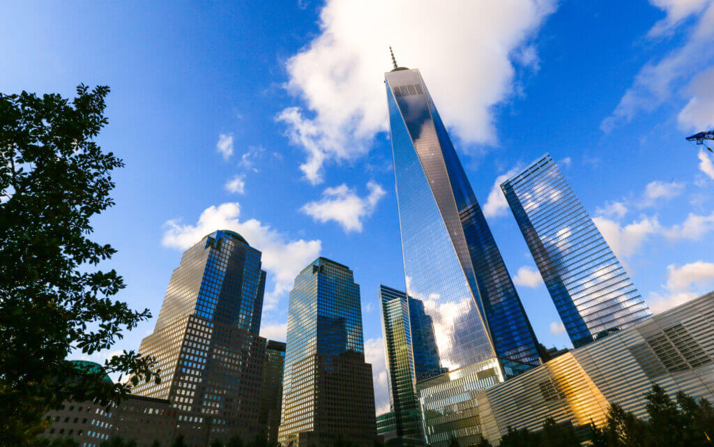 One World Trade Center in New York City with World Financial Center Buildings. 