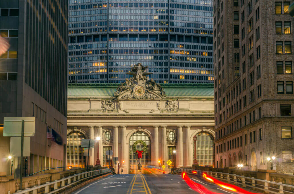 Night view of Grand Central Terminal, NYC: illuminated with bustling streets around