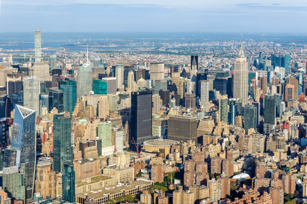 An aerial view of Midtown Manhattan, with Madison Square Garden in the center.