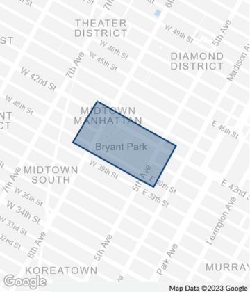 Map of Bryant Park in Midtown Manhattan, New York City.