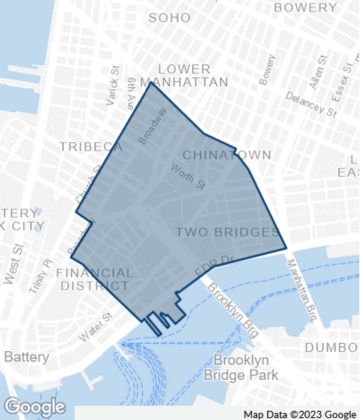 Map of City Hall/Insurance District neighborhoods in Downtown Manhattan.