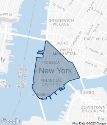 Map showing the location Downtown Manhattan, New York City.