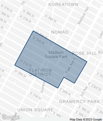 Map of The Flatiron District, a neighborhood with industrial-style commercial space.
