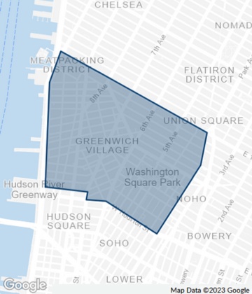 Map of Greenwich Village, a Midtown South Neighborhood in Manhattan, New York City.