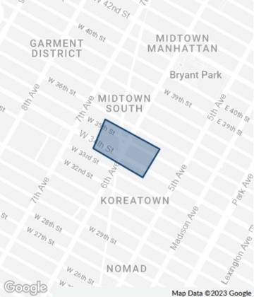 Map of Herald Square, a Midtown South Neighborhood in Manhattan, New York City.