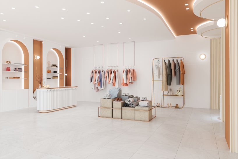 Showroom space with clothing displayed. 