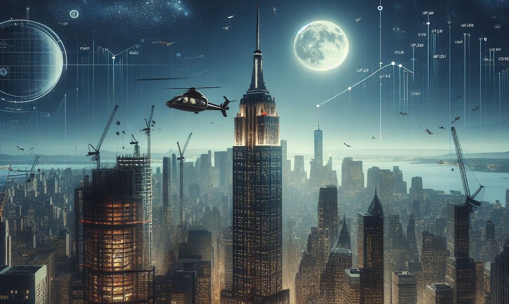 NYC skyline under moonlight; stats illuminate conflicting tales of office market dynamics.